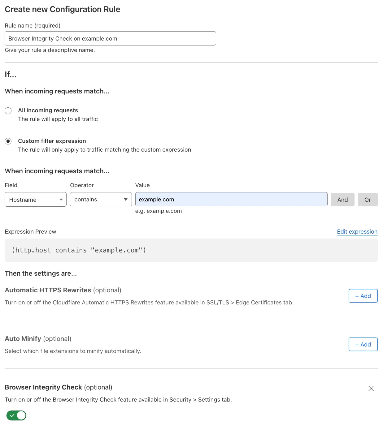 Configuration rule matching the 'Browser Integrity Check' setting of the example Page Rule