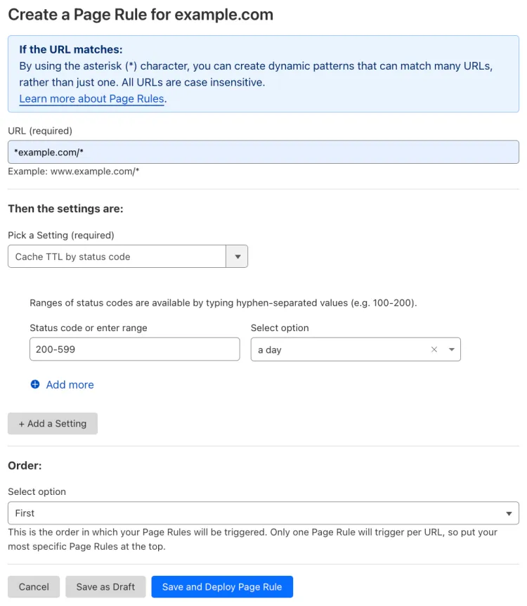 Example Page Rule with the 'Cache TTL by status code' setting