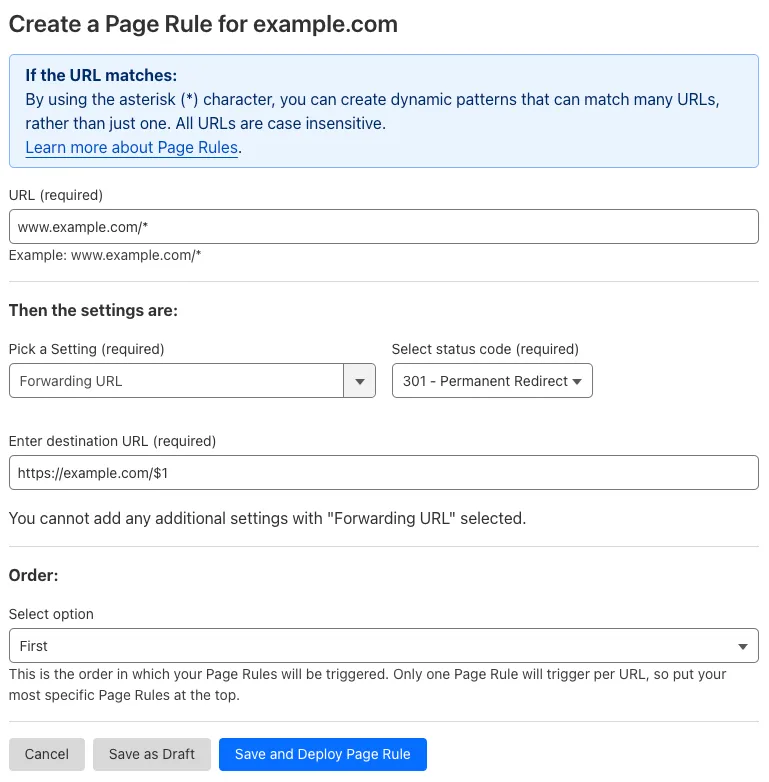 Example Page Rule #1 with 'Forwarding URL' setting