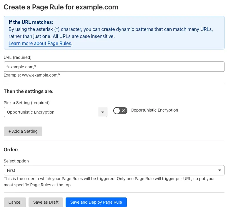 Example Page Rule with 'Opportunistic Encryption' setting